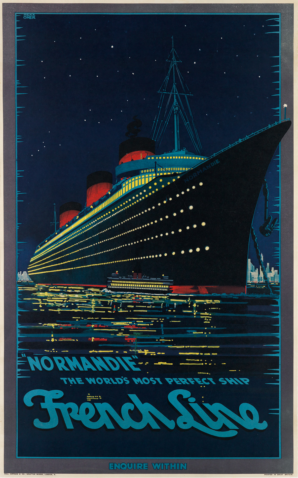 HUBERT HERKOMER (1881-?). NORMANDIE / THE WORLDS MOST PERFECT SHIP / FRENCH LINE. 1939. 40x24 inches, 101x63 cm. Hill, Siffken & Co.